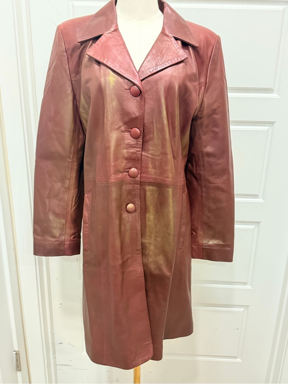 Johenic Leather Button-Front Coat in Deep Brick Red and Shimmering Gold Finish - Picture 1 of 12